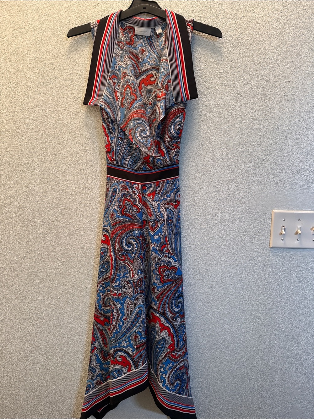 New York & Company Red, Blue & Black Paisley Sleeveless Jumpsuit